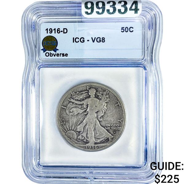 1916-D Walking Liberty Half Dollar ICG VG8 Obv.