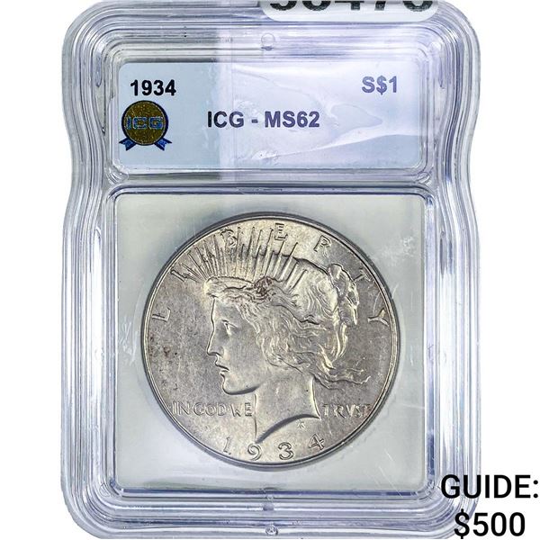 1934 Silver Peace Dollar ICG MS62
