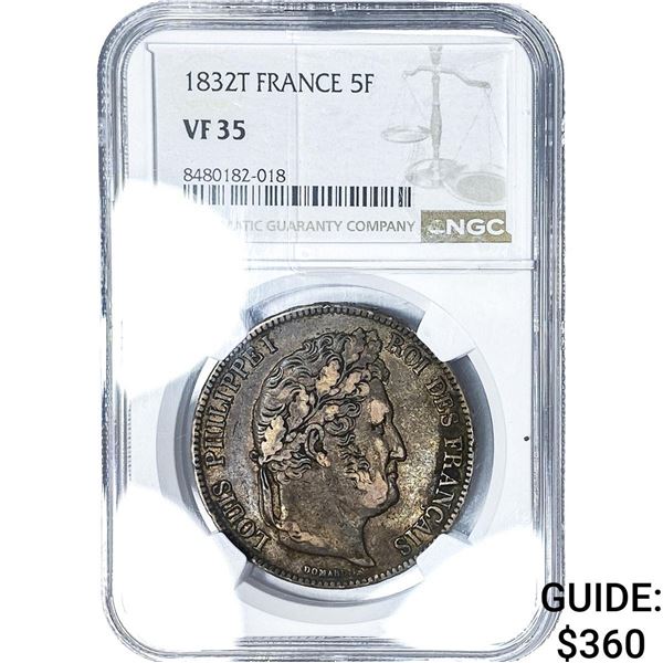 1832T France Silver 5 Francs NGC VF35