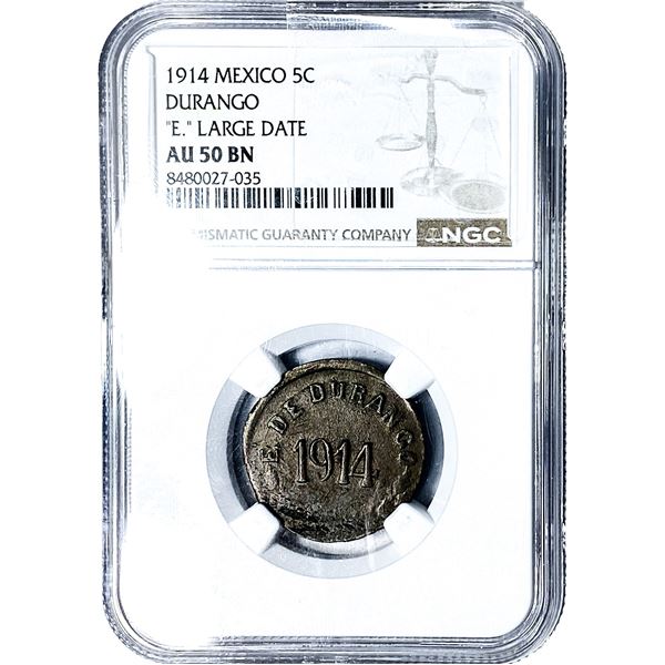 1914 Mexico Durango Copper 5 Centavos 'E.' LG Date AU50 BN