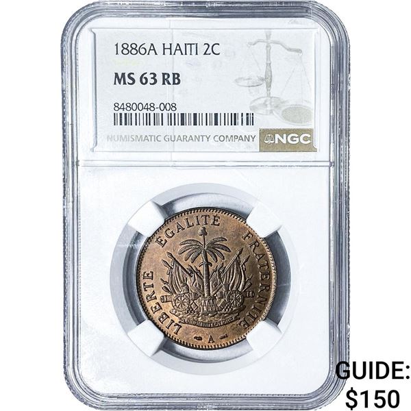 1886A Haiti Bronze 2 Centimes NGC MS63 RB