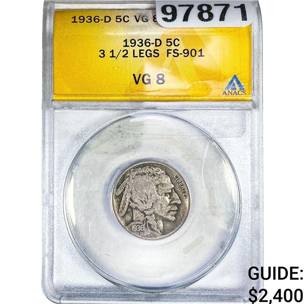 1936-D Buffalo Nickel ANACS VG8 3 1/2 Legs FS-901