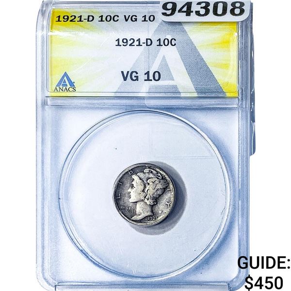 1921-D Mercury Silver Dime ANACS VG10