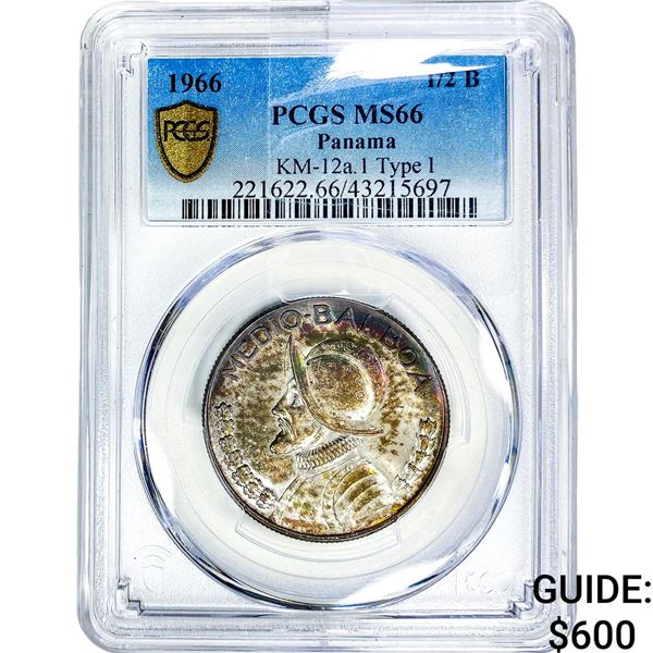1966 Panama Silver 1/2 Balboa PCGS MS66 Type 1