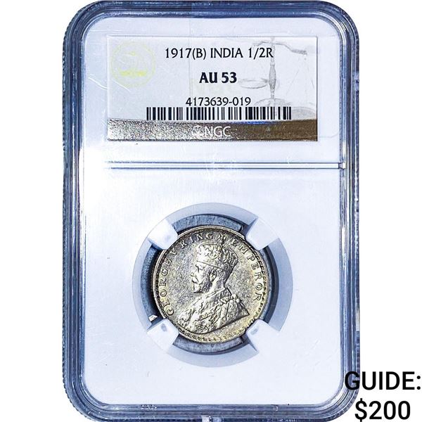 1917[B] British India Silver 1/2 Rupee NGC AU53
