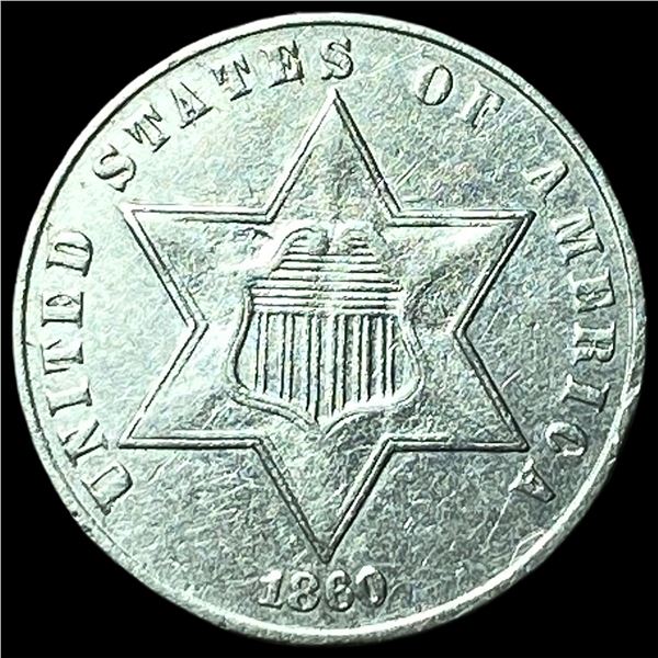 1860 Silver Three-Cent Piece NEARLY  UNCIRCULATED