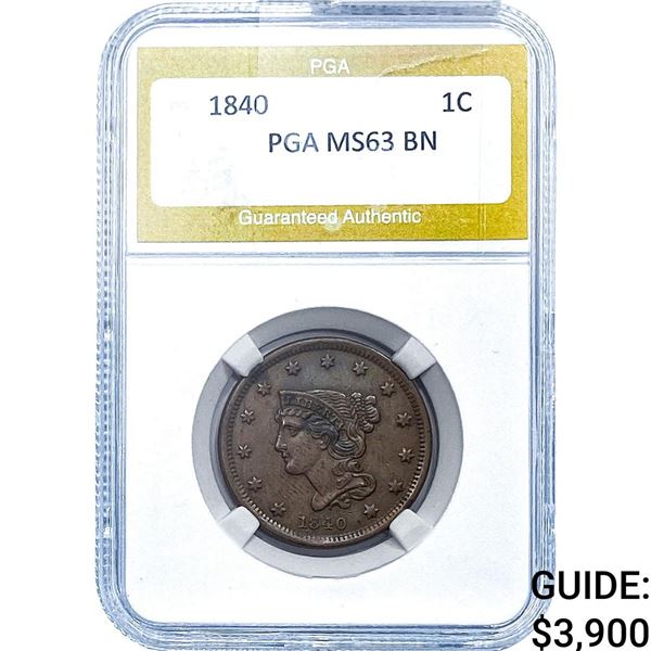 1840 Braided Hair Large Cent PGA MS63 BN