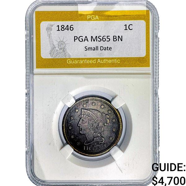 1846 Braided Hair Large Cent PGA MS65 BN Sm Date