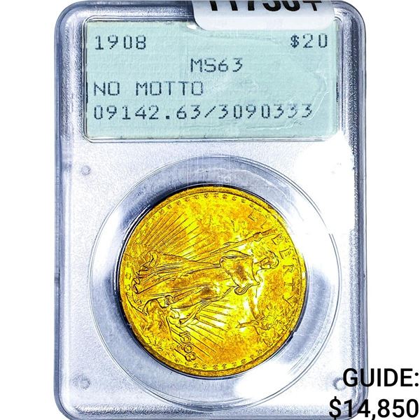 1908 $20 Gold Double Eagle PCGS MS63 No Motto