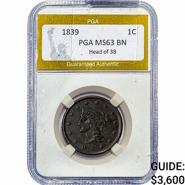 1839 Coronet Head Large Cent PGA MS63BN Head of 38