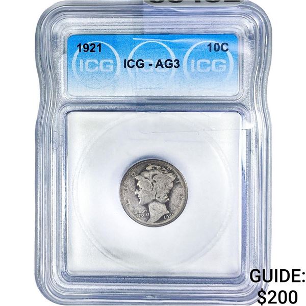 1921 Mercury Silver Dime ICG AG3