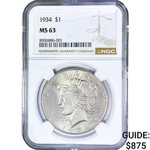 1934 Silver Peace Dollar NGC MS63