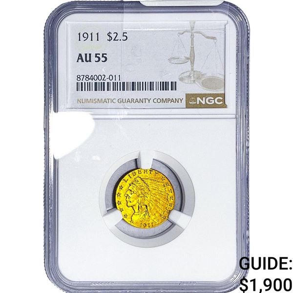 1911 $2.50 Gold Quarter Eagle NGC AU55