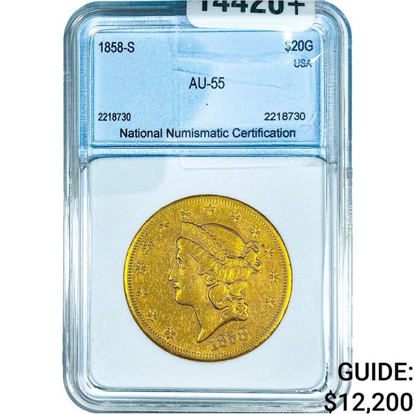 1858-S $20 Gold Double Eagle NNC AU55