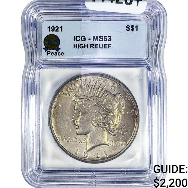1921 Silver Peace Dollar ICG MS63 High Relief