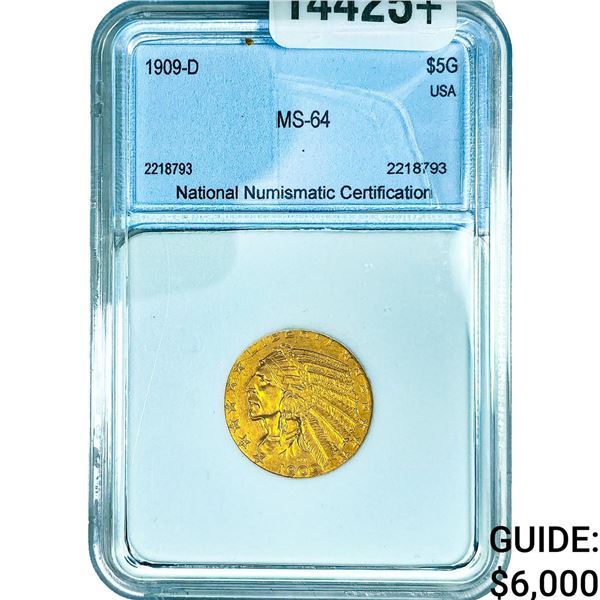 1909-D $5 Gold Half Eagle NNC MS64