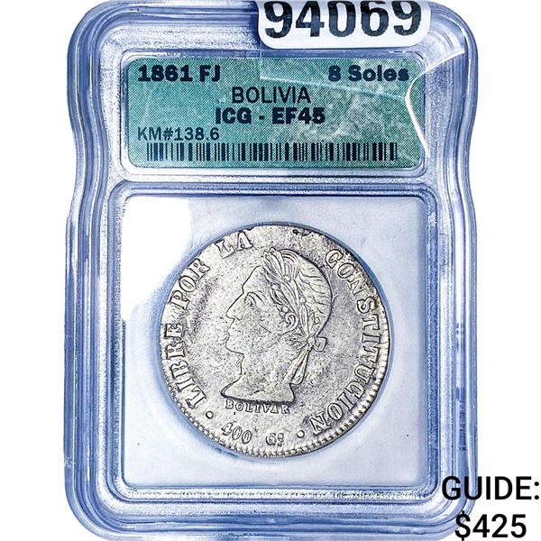 1861 FJ Bolivia Silver 8 Soles ICG EF45