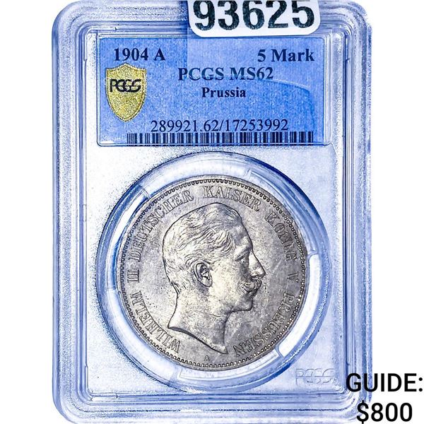 1904 A  PCGS MS62 Prussia Silver 5 Mark