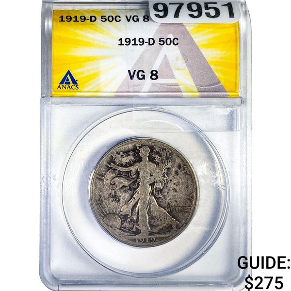 1919-D Walking Liberty Half Dollar ANACS VG8
