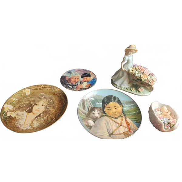 3 Decorative Collector Plates and 2 Cosmos Porcelain Figures