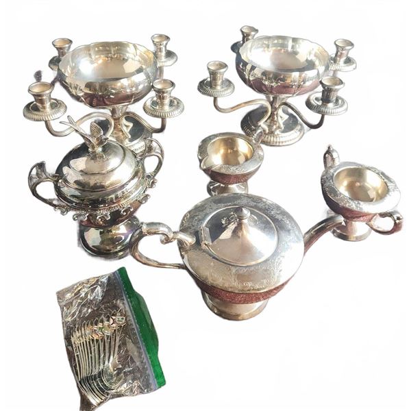 Rogers Silverplate Tea Set, Candlesticks, and Collector Spoons