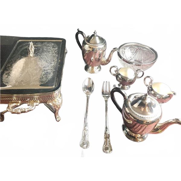 Silver Plated Tea Set With Chafing Dish and Serving Utensils