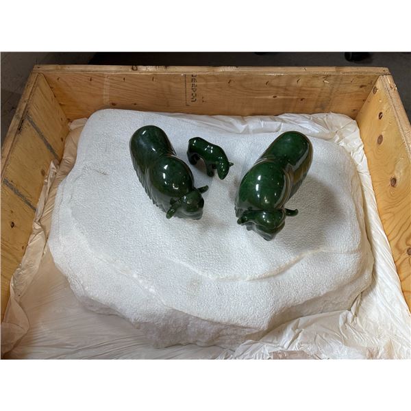 Three Real Jade Muskox Figures with Heavy Stone Base