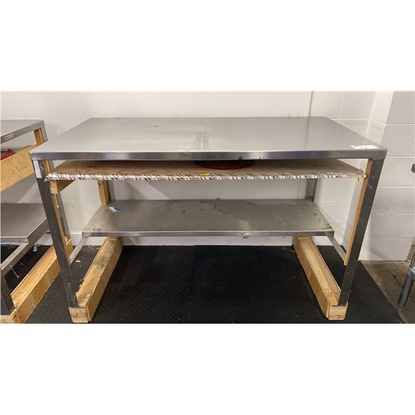 STAINLESS STEEL COMMERCIAL PREPARATION TABLE ON WOODEN BLOCKS APPROX 60"L X 30"D X 40"H