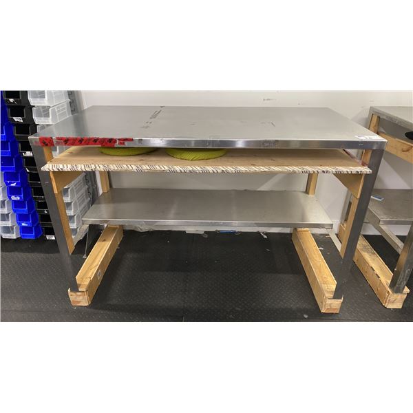ULINE STAINLESS STEEL COMMERCIAL PREPARATION TABLE ON WOODEN BLOCKS APPROX 60"L X 30"D X 40"H