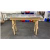 Image 1 : WOOD FRAME TABLE WITH STAINLESS STEEL TOP COVER APPROX 58"L X 26"D X 40"H