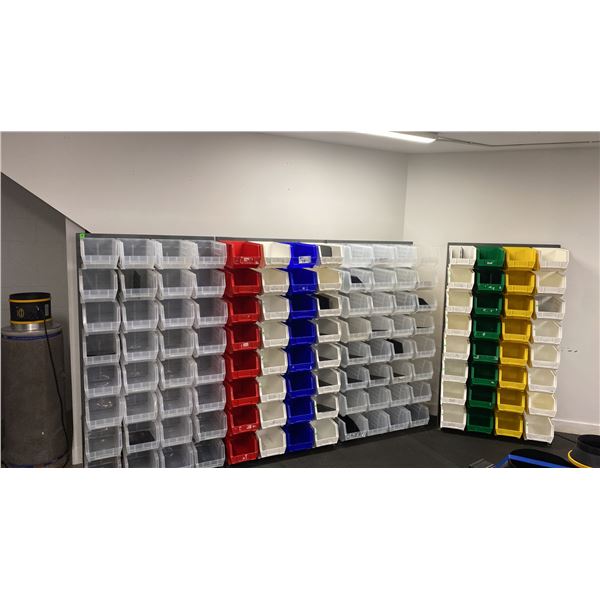 4 SECTIONS OF GREY METAL ADJUSTABLE STORAGE BIN SHELVING WITH ASSORTED ULINE BINS- EACH SECTION