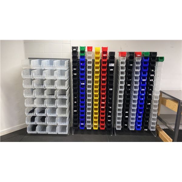 3 SECTIONS OF GREY METAL ADJUSTABLE STORAGE BIN SHELVING WITH ASSORTED ULINE BINS- EACH SECTION