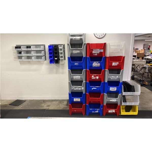 APPROX 22 ULINE STACKABLE STORAGE BINS, 2 SMALL WALL MOUNT ADJUSTABLE STORAGE BIN SHELVING UNITS &