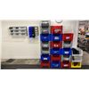 Image 1 : APPROX 22 ULINE STACKABLE STORAGE BINS, 2 SMALL WALL MOUNT ADJUSTABLE STORAGE BIN SHELVING UNITS &