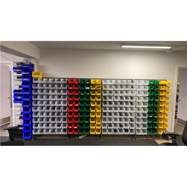 4 SECTIONS OF GREY METAL ADJUSTABLE STORAGE BIN SHELVING WITH ASSORTED ULINE BINS- EACH SECTION