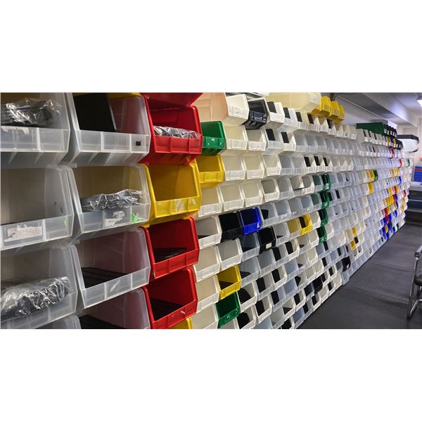 LARGE GROUP OF ASSORTED SIZED ULINE STACKABLE STORAGE BINS