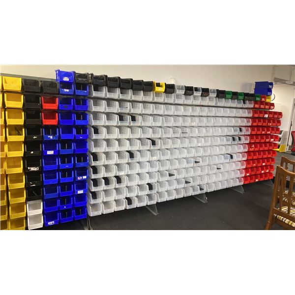 5 SECTIONS OF GREY METAL ADJUSTABLE STORAGE BIN SHELVING WITH ASSORTED ULINE BINS- EACH SECTION