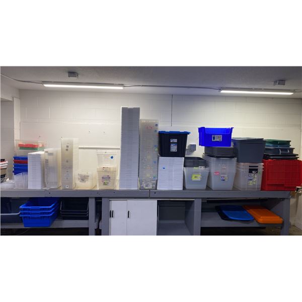 LARGE GROUP OF ASSORTED SIZE AND STYLE STORAGE BINS