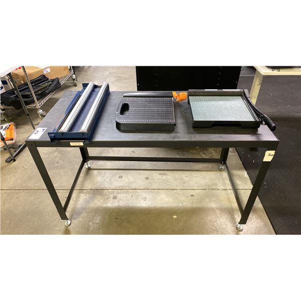 GREY METAL TABLE, ULINE SMALL PACKAGING ROLLER UNIT & 2 PAPER CUTTERS