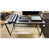 Image 1 : GREY METAL TABLE, ULINE SMALL PACKAGING ROLLER UNIT & 2 PAPER CUTTERS