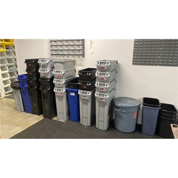 LARGE GROUP OF RUBBERMAID TRASH BINS & 2 WALL MOUNT ADJUSTABLE STORAGE BIN SHELVING UNITS