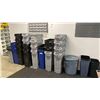 Image 1 : LARGE GROUP OF RUBBERMAID TRASH BINS & 2 WALL MOUNT ADJUSTABLE STORAGE BIN SHELVING UNITS