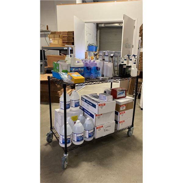 BLACK MOBILE METRO STYLE RACK WITH ASSORTED CLEANING PRODUCTS, TRASH BIN LINERS, NITRILE GLOVES,