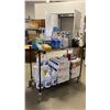 Image 1 : BLACK MOBILE METRO STYLE RACK WITH ASSORTED CLEANING PRODUCTS, TRASH BIN LINERS, NITRILE GLOVES,