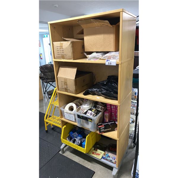LIGHT WOOD/ GREY BASE BOOKSHELF WITH ASSORTED CANNABIS PRODUCTS- OIL PENS, ROLLING TRAYS, LABELS,