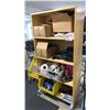 Image 1 : LIGHT WOOD/ GREY BASE BOOKSHELF WITH ASSORTED CANNABIS PRODUCTS- OIL PENS, ROLLING TRAYS, LABELS,