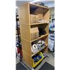 Image 2 : LIGHT WOOD/ GREY BASE BOOKSHELF WITH ASSORTED CANNABIS PRODUCTS- OIL PENS, ROLLING TRAYS, LABELS,