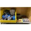 Image 9 : LIGHT WOOD/ GREY BASE BOOKSHELF WITH ASSORTED CANNABIS PRODUCTS- OIL PENS, ROLLING TRAYS, LABELS,