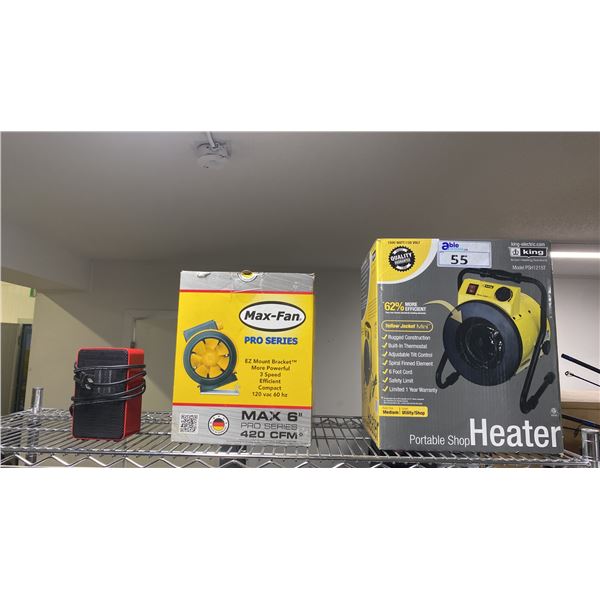 KING ELECTRIC PORTABLE SHOP HEATER, MAX-FAN PRO SERIES 6"  3 SPEED FAN & SMALL DESKTOP HEATER