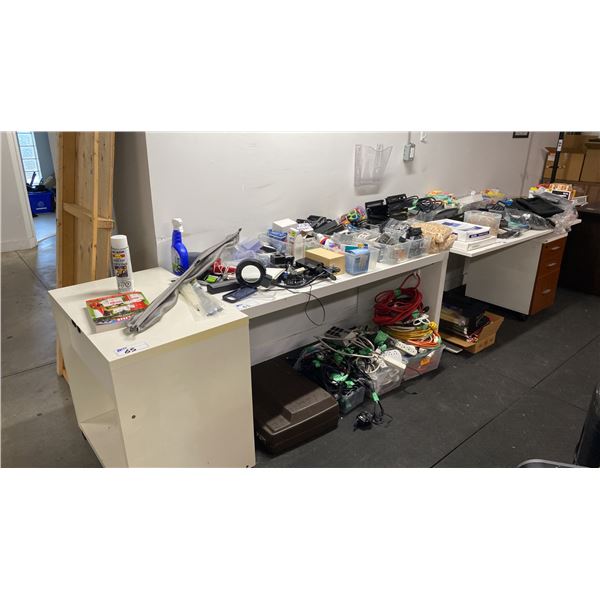 LARGE GROUP OF ASSORTED OFFICE ITEMS, 2 DESKS & SMALL MOBILE DESK/TABLE